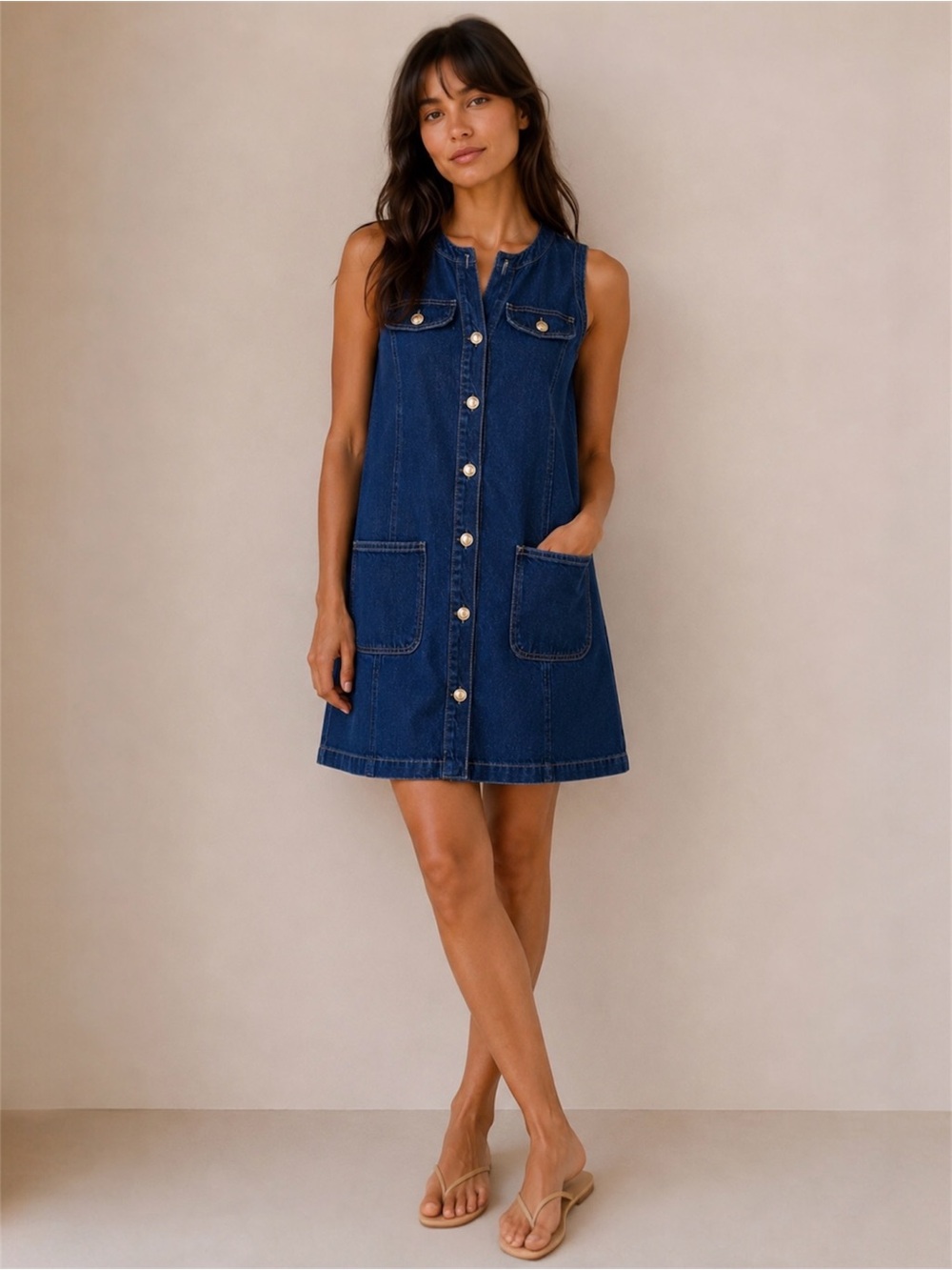 River Island Denim Button-Front Mini Dress Dark Wash Mod Style Size 6